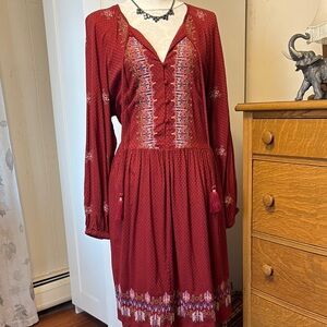 Knox Rose Red and White Embroidered Dress with Bishop Sleeves Size 1X